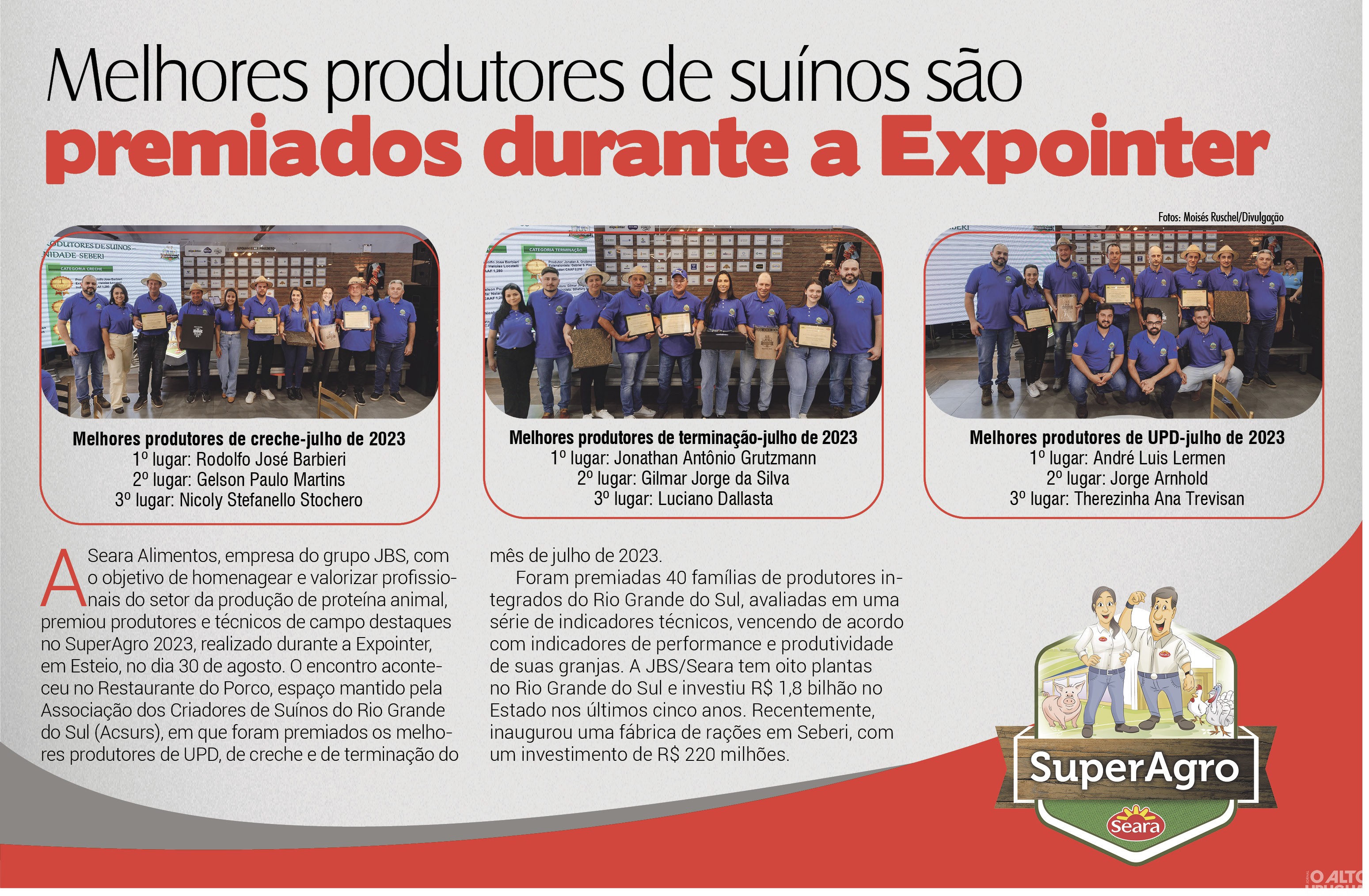 SuperAgro: melhores produtores de suínos são premiados durante a Expointer
