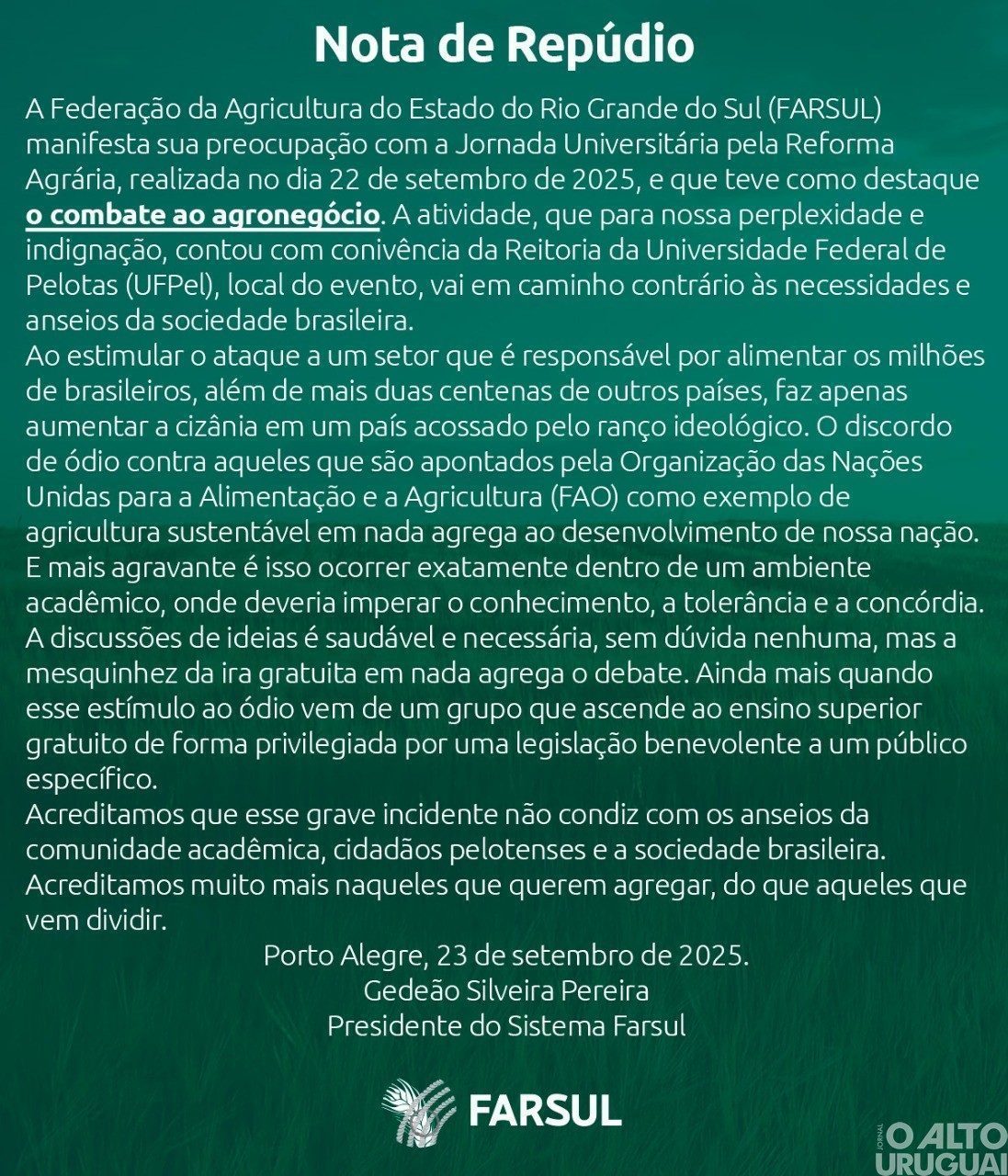 Farsul divulga nota de repúdio a evento em Pelotas