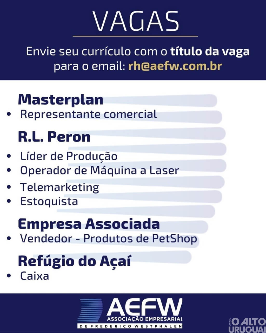 AEFW divulga vagas de emprego disponíveis