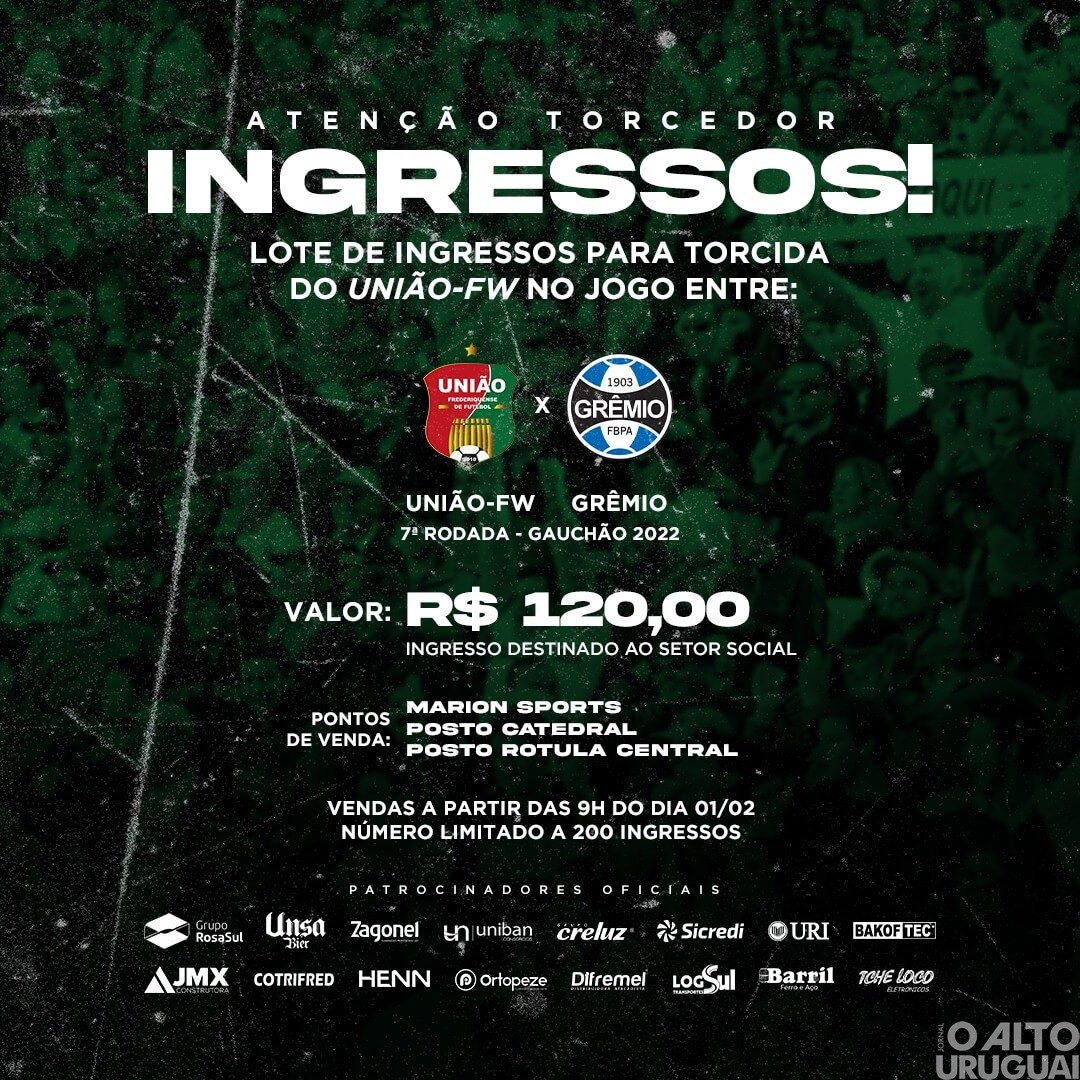 União-FW x Grêmio: ingressos começam a ser vendidos nesta terça-feira, 1º