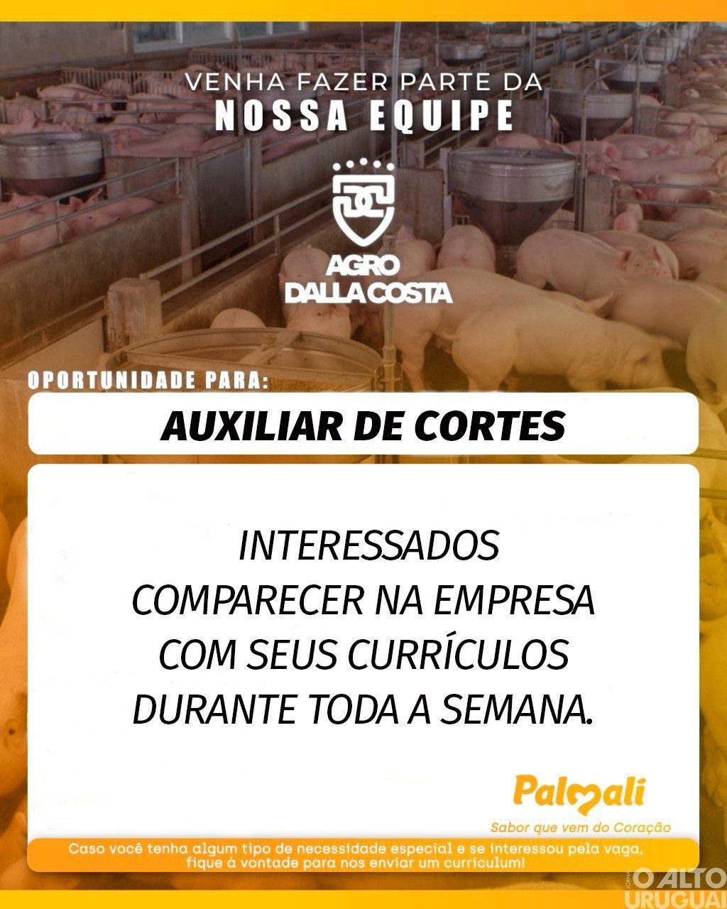 Frigorífico Palmali está com vaga para auxiliar de cortes