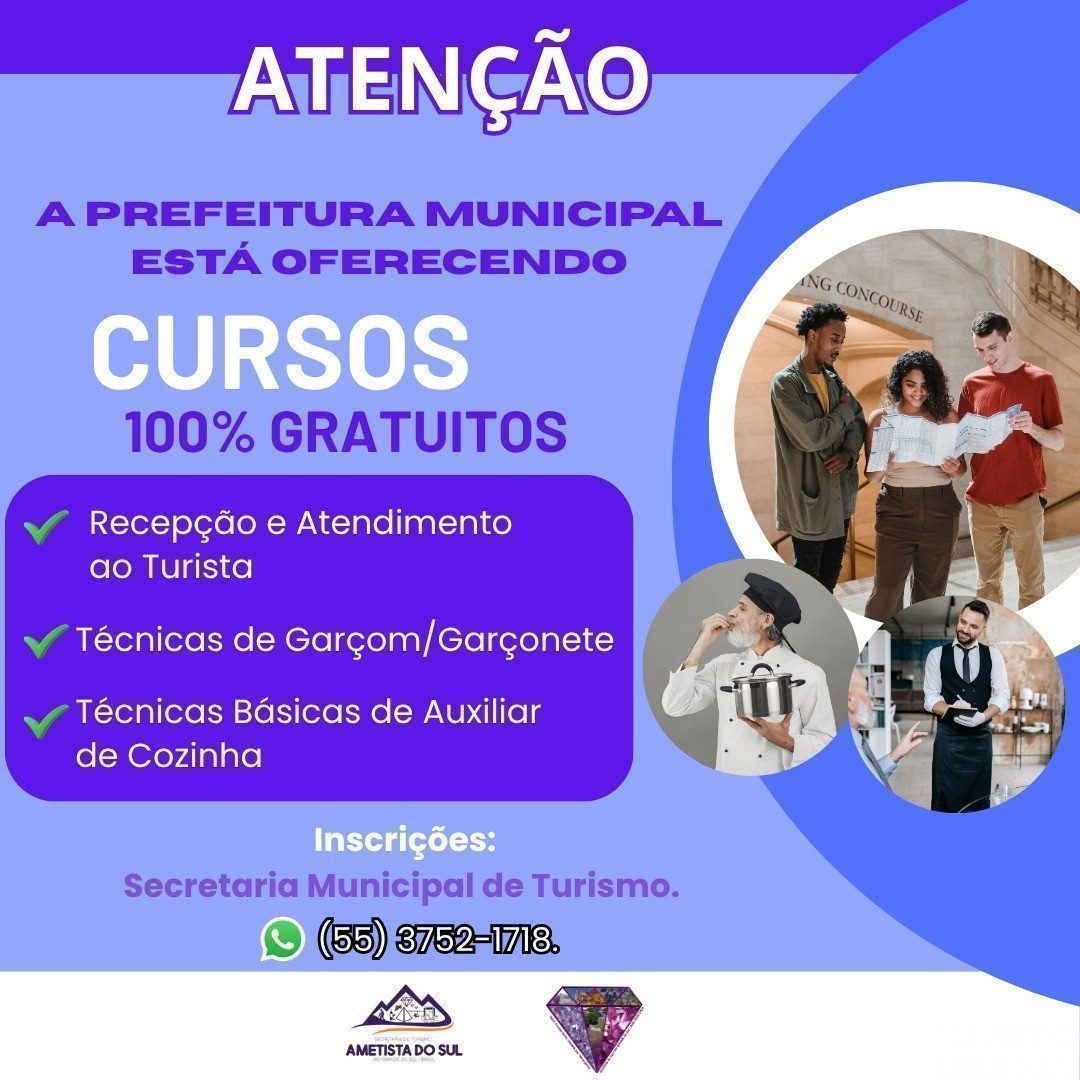 Ametista do Sul abre inscrições para cursos gratuitos em turismo e gastronomia