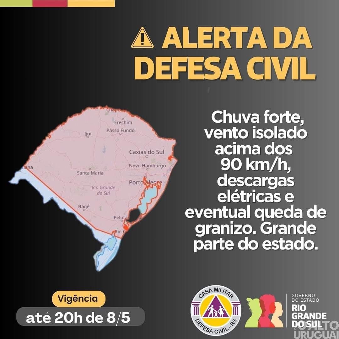 Defesa Civil alerta para temporais na maioria das regiões do RS