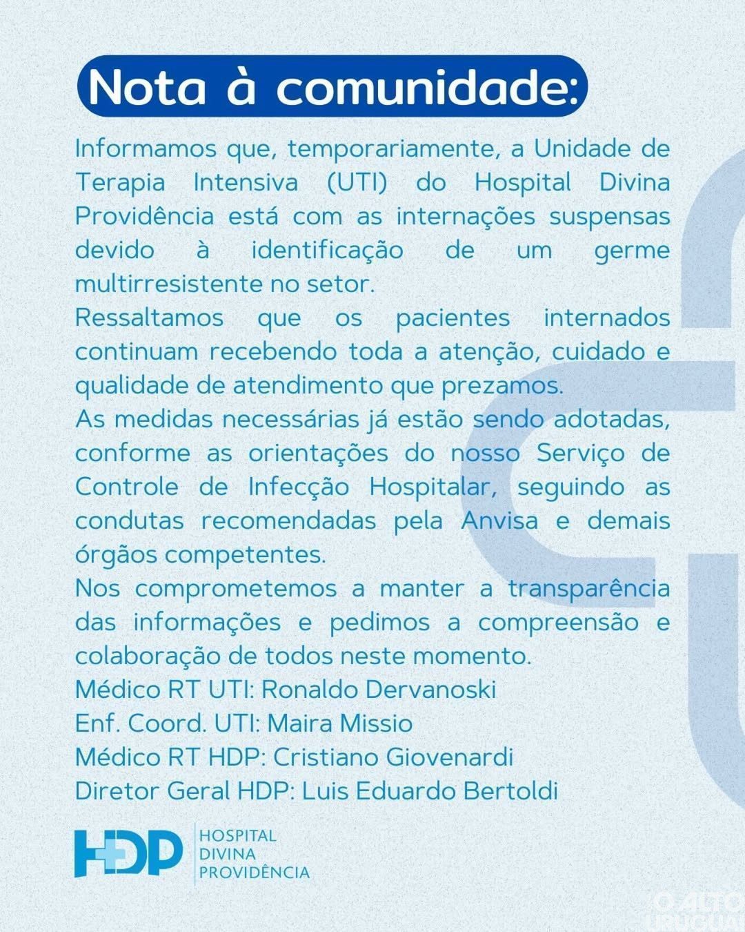 UTI do Hospital Divina Providência tem internações suspensas temporariamente