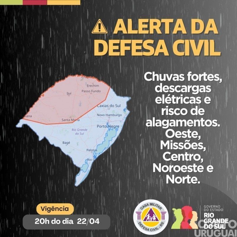 Defesa Civil do Estado alerta para chuvas fortes na região