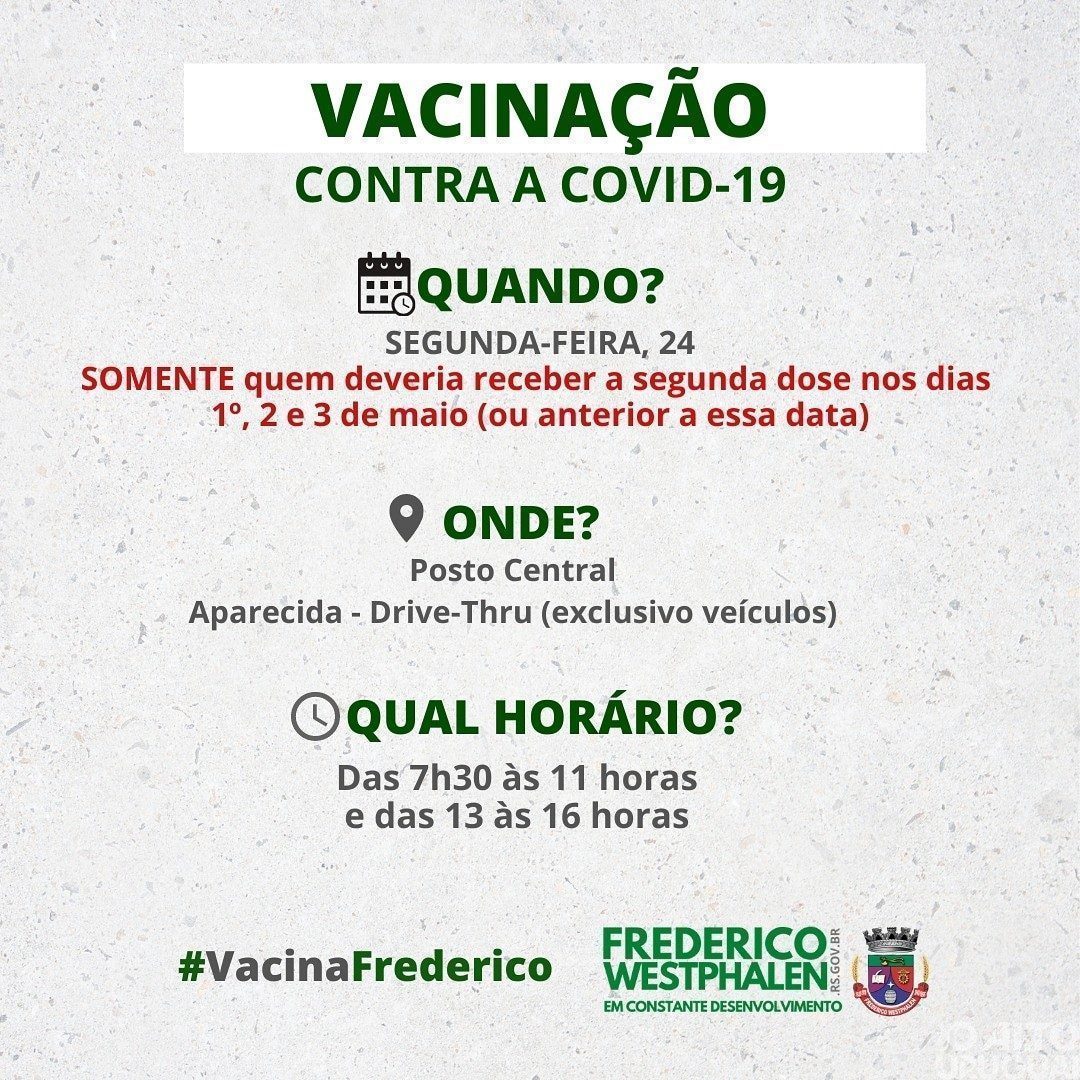 Aplicação da 2ª dose de Coronavac prossegue nesta segunda-feira, 24, em FW