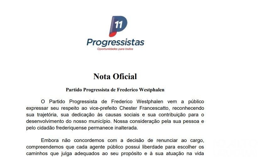 Progressistas se manifesta após renúncia do vice-prefeito de FW