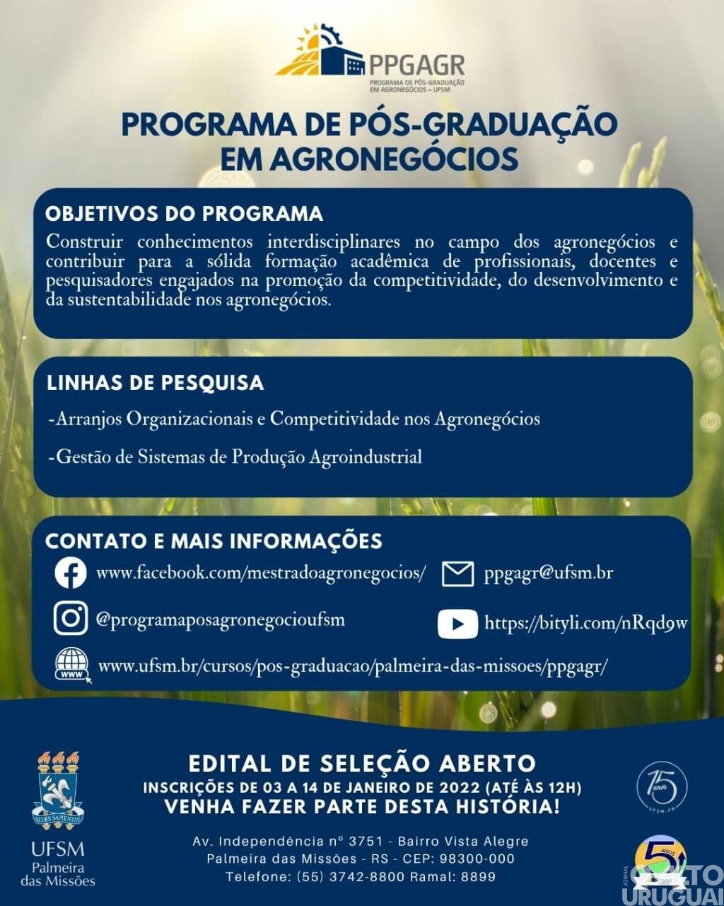 Mestrado em Agronegócio tem 19 vagas para a UFSM-PM