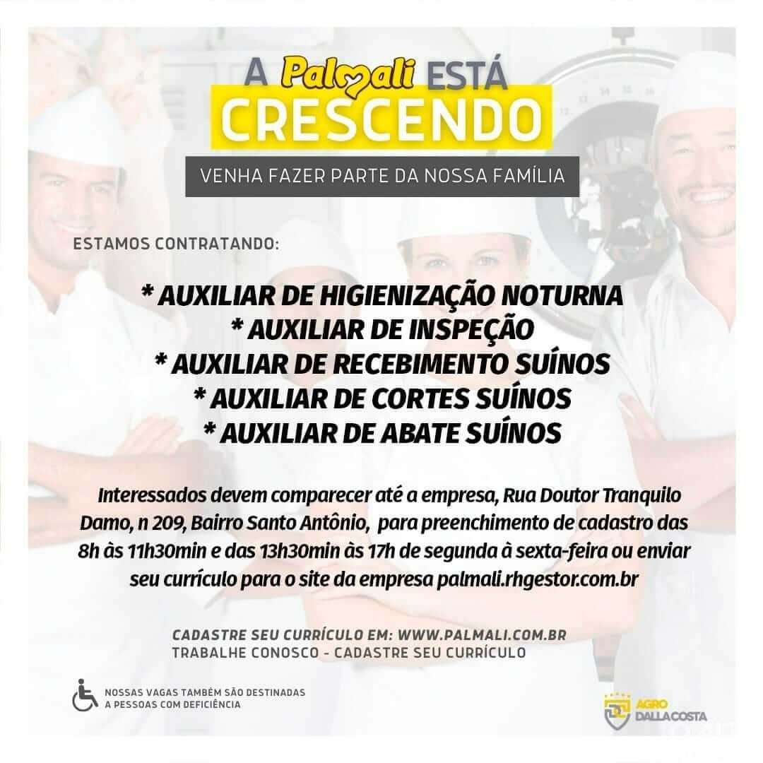Palmali está com vagas de emprego disponíveis