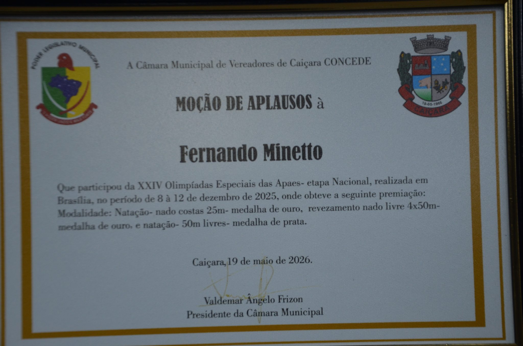 Caiçara - Moção de Aplausos da Câmara de Vereadores a atletas da Apae e Sicredi Conexão